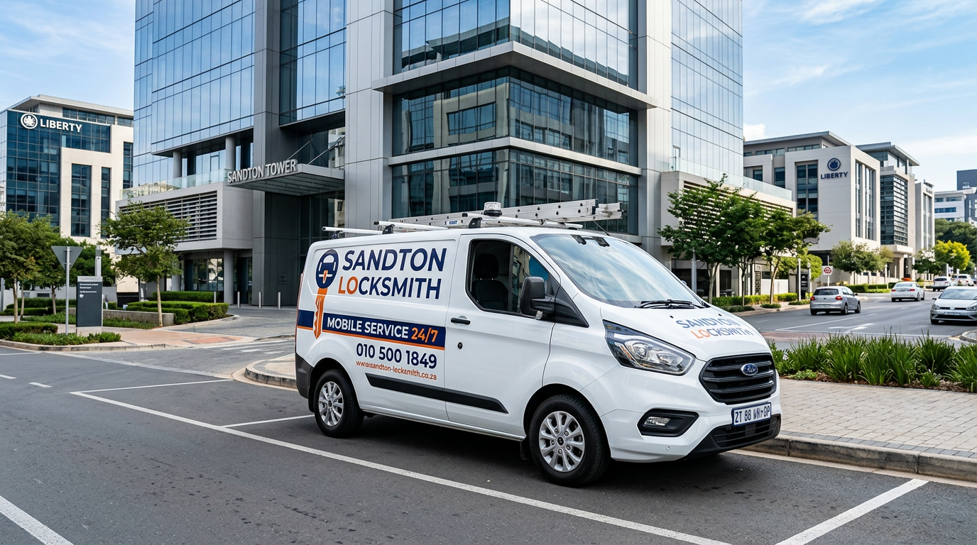 Branded Sandton Locksmith mobile service van parked outside a modern Sandton office building
