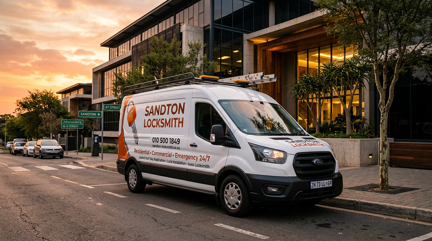 Sandton Locksmith branded van at a residential property at sunset in a Johannesburg suburb