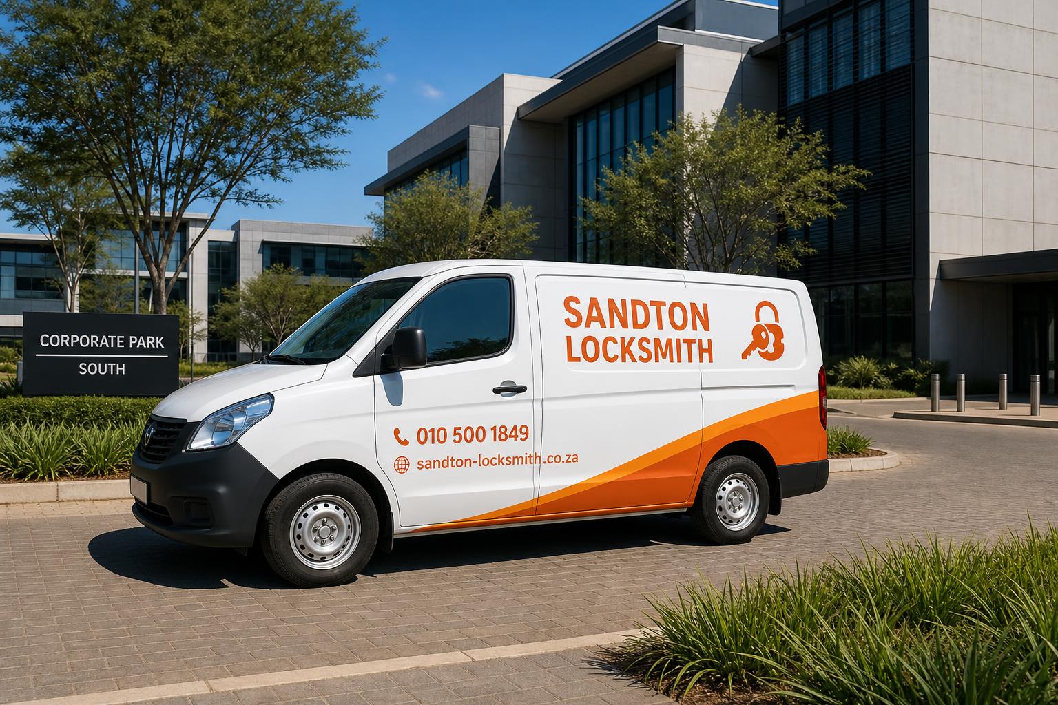 Branded Sandton Locksmith van parked in a Centurion office park business district