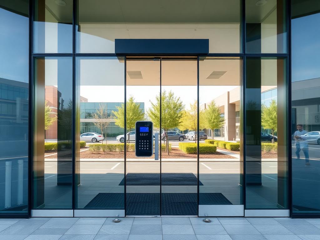 Modern glass office entrance with access control keypad in Centurion business park