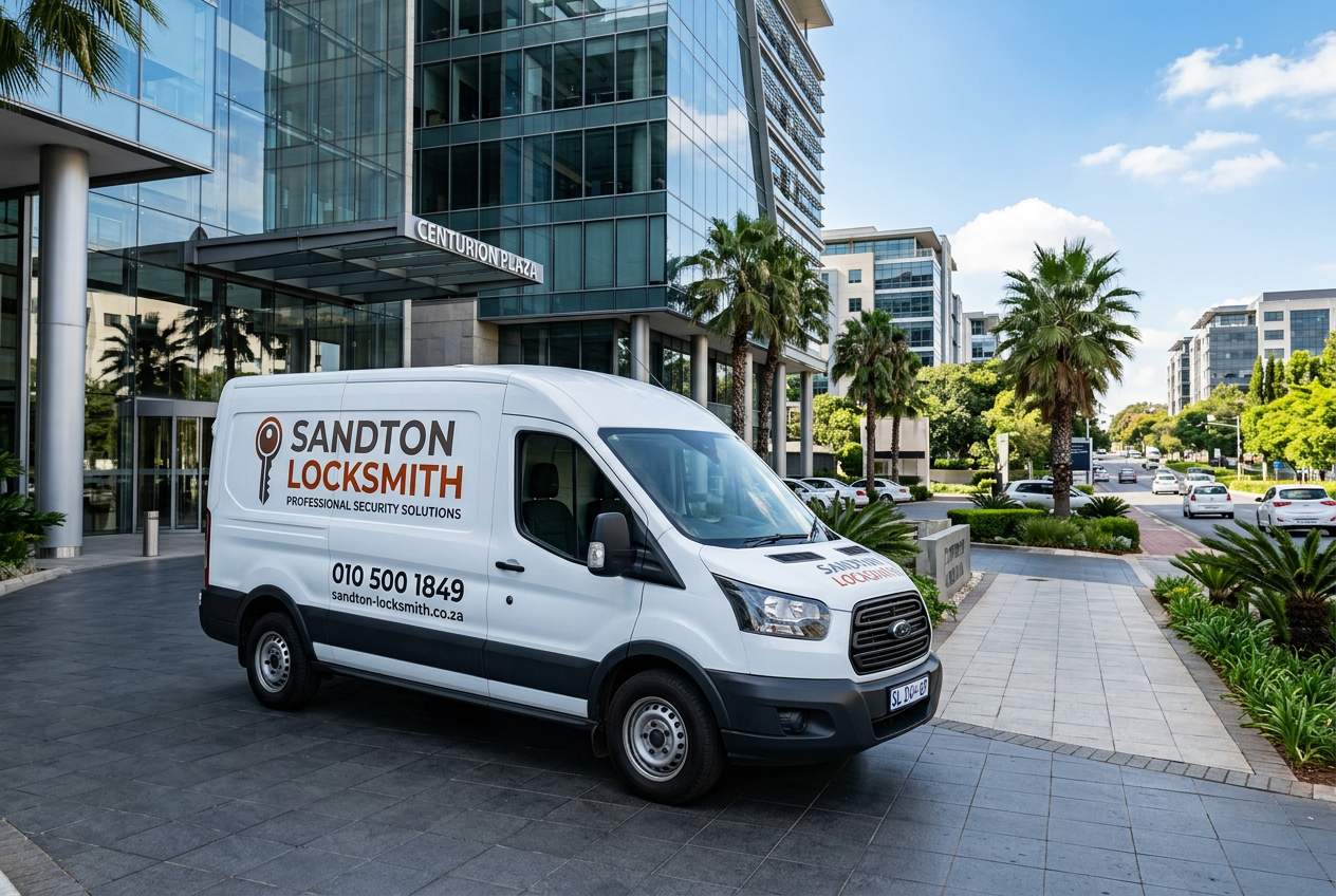 Branded Sandton Locksmith mobile service van parked outside a modern Sandton office building in daytime