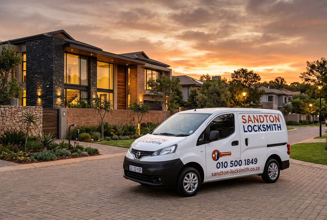 Sandton Locksmith branded van parked at an upscale residential home at sunset in a Johannesburg suburb