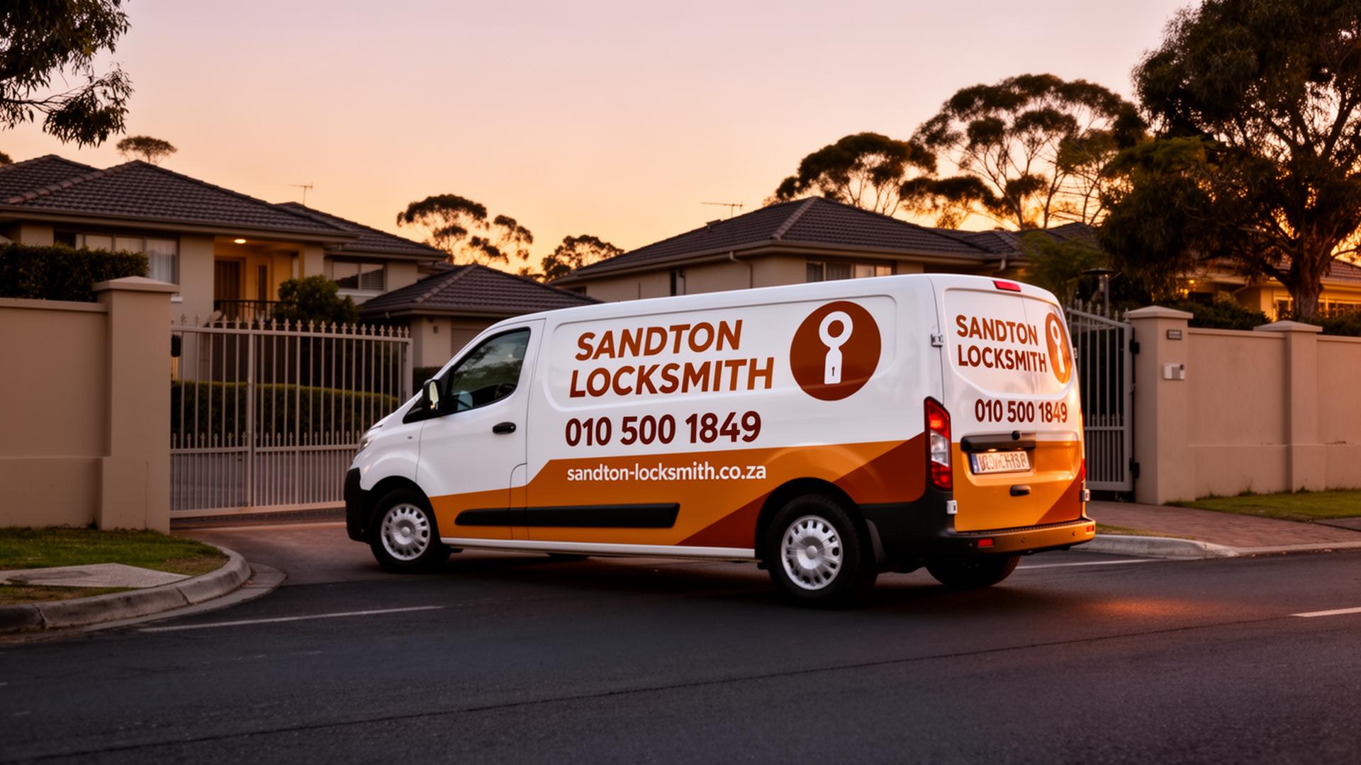 Branded Sandton Locksmith van parked at a residential townhouse complex estate entrance