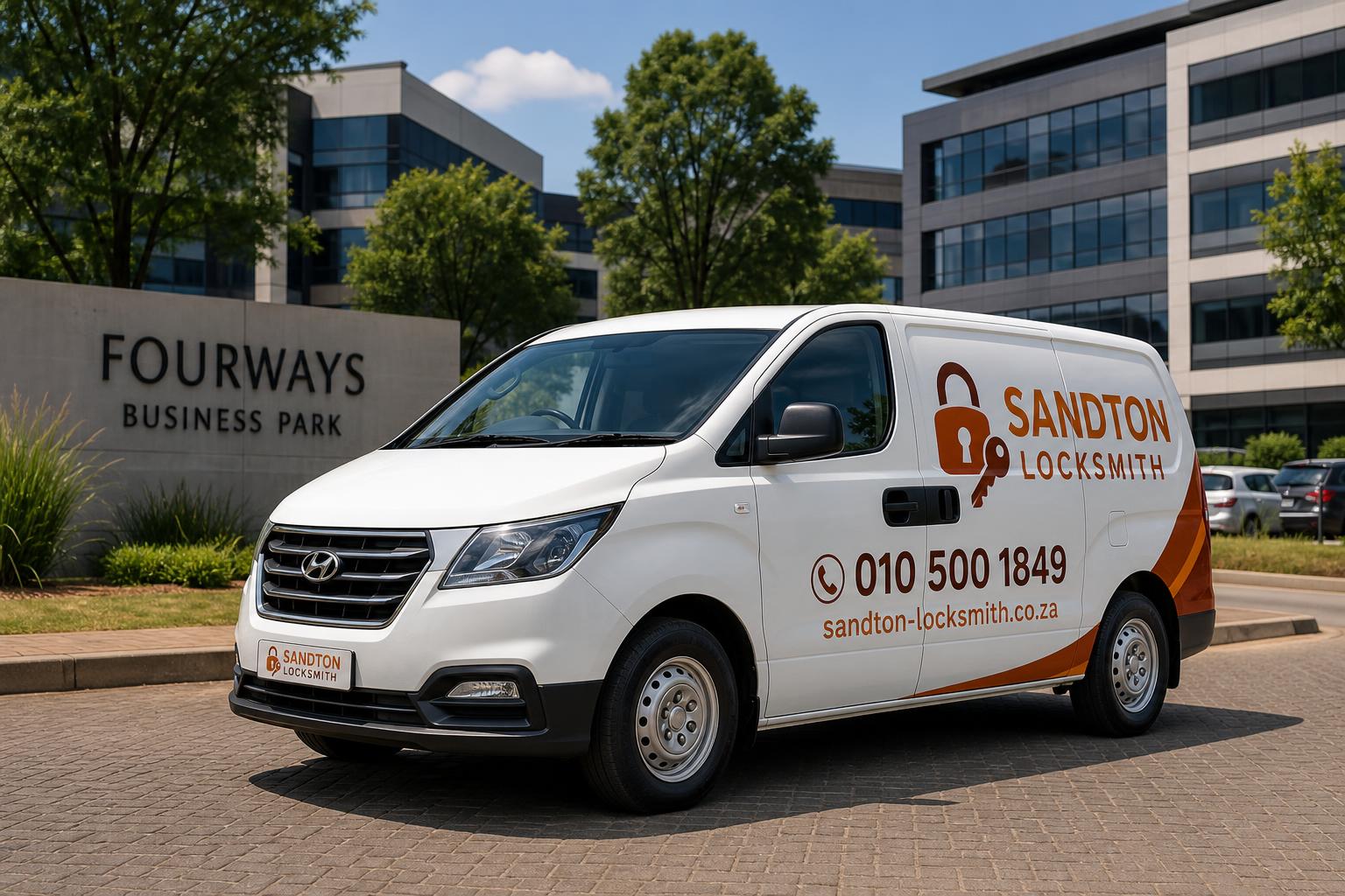 Branded Sandton Locksmith van parked near modern Fourways business park offices