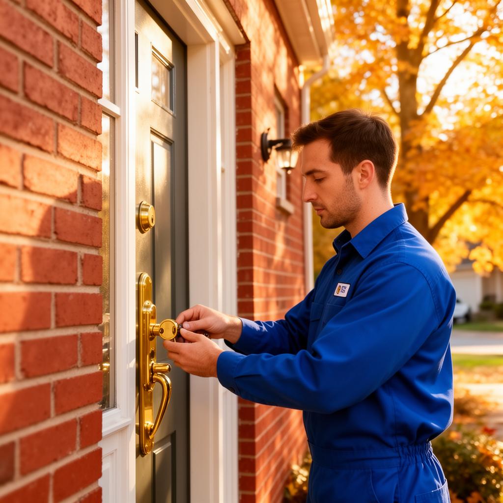 Professional locksmith technician working on a residential door lock