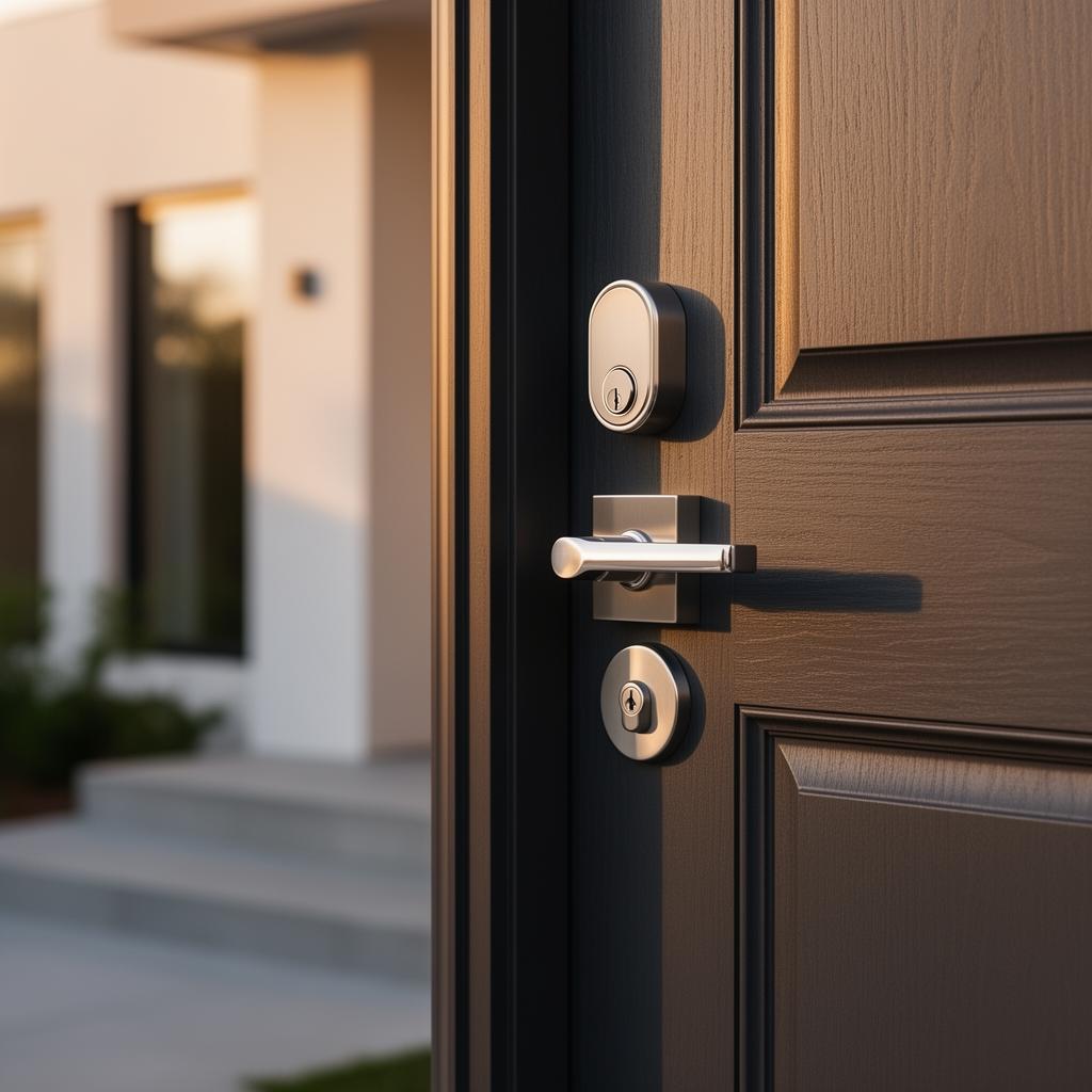 Premium modern residential entrance door fitted with high-quality lock hardware