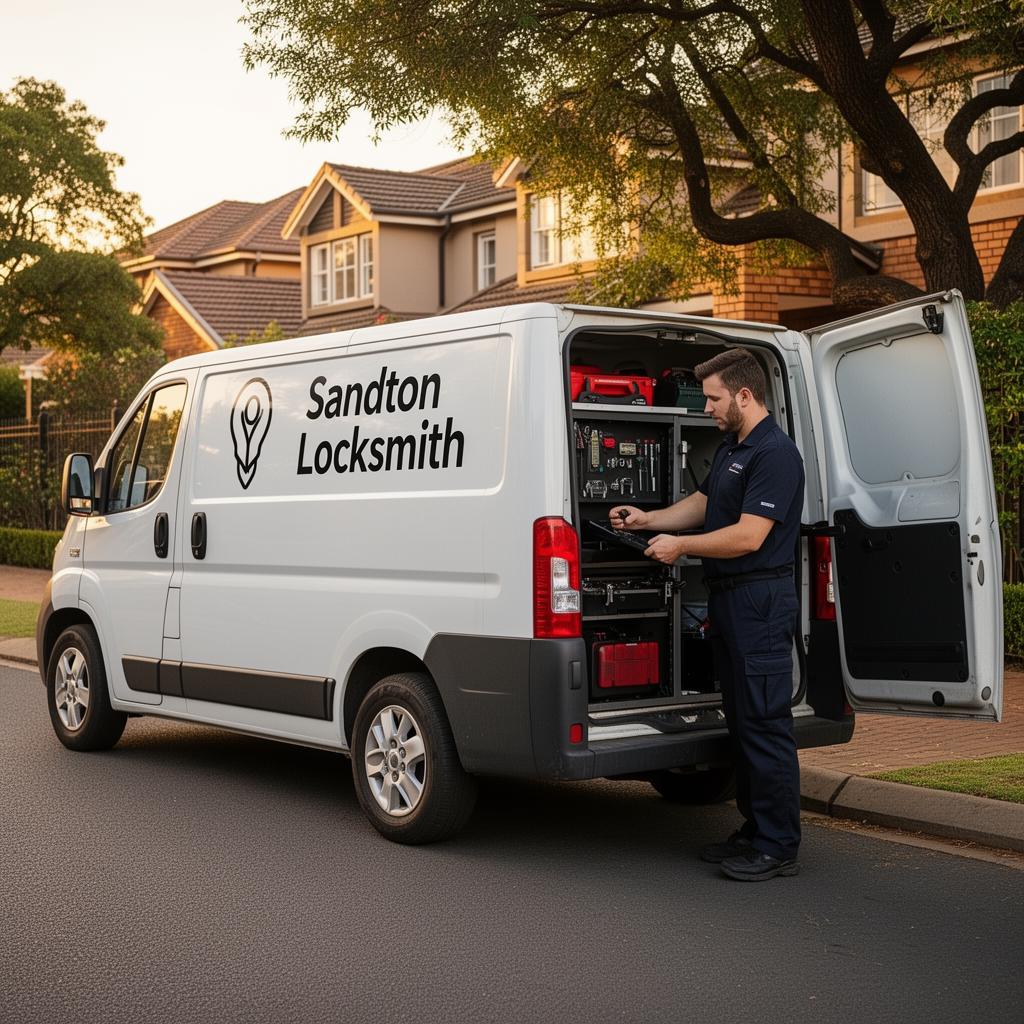 Branded Sandton Locksmith van with a technician beside it responding to a service call in a Sandton suburb