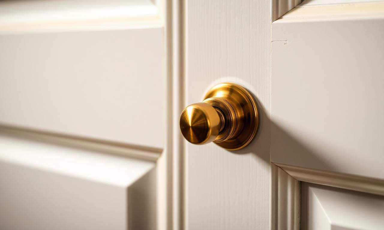 Polished brass lever handle on a white panelled door