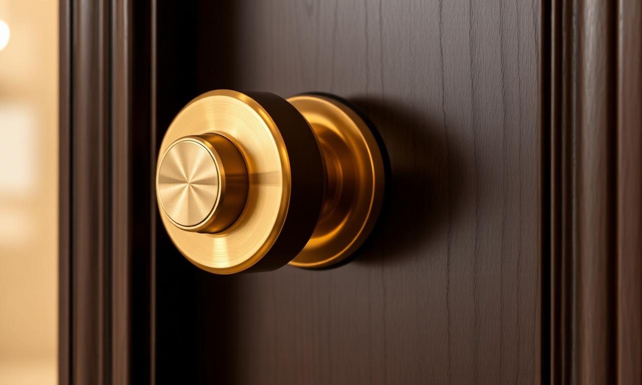 Premium brushed-gold deadbolt on a dark wooden door