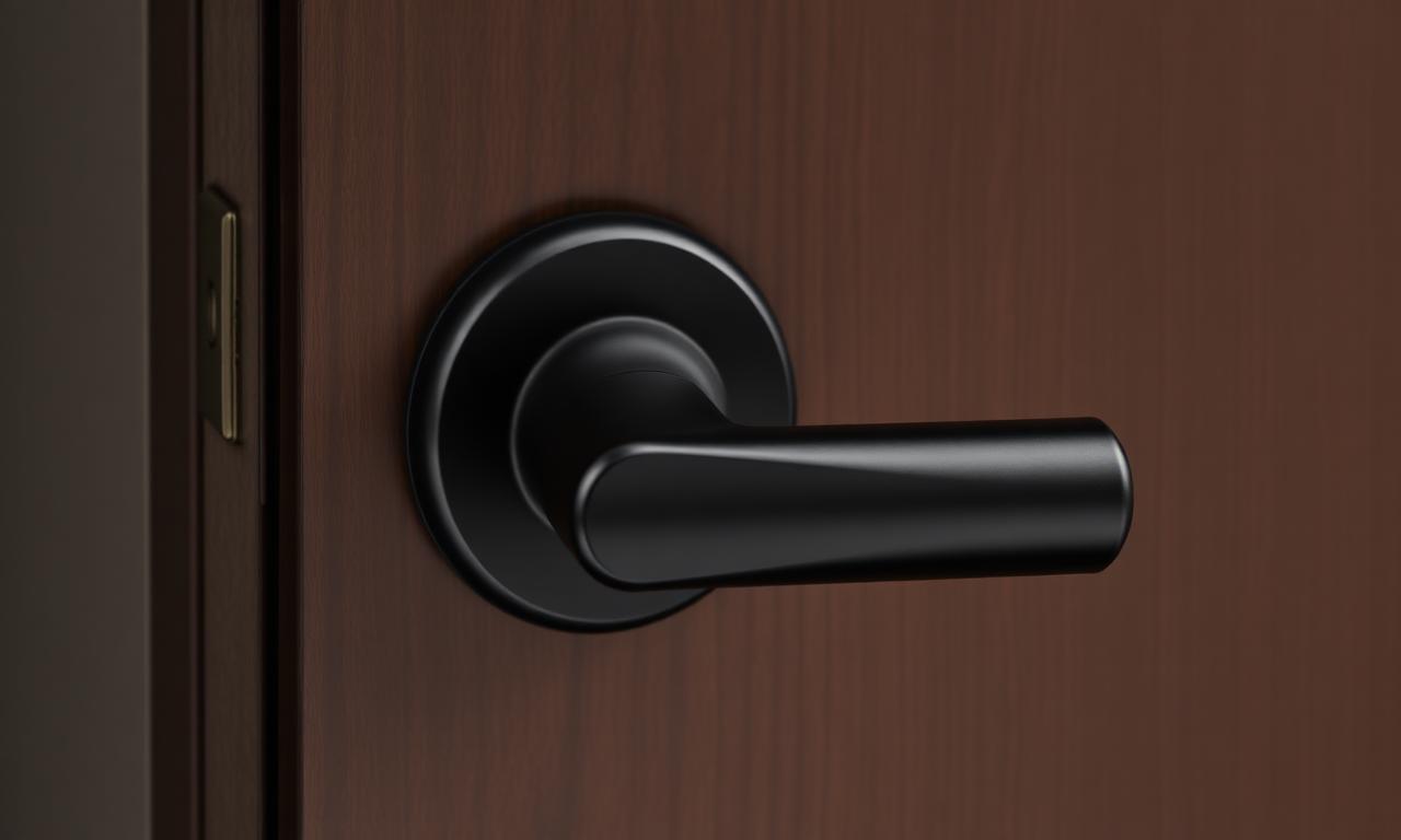Premium matte-black lever lock set on a dark wooden door