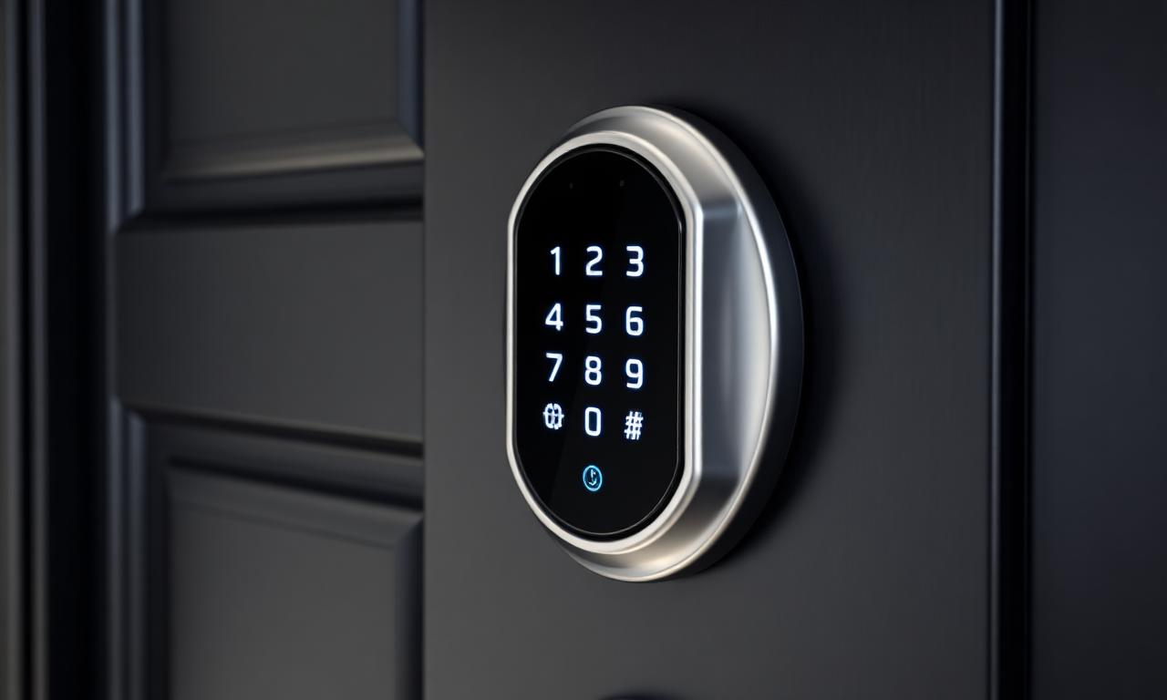 Modern digital keypad smart lock on a dark door