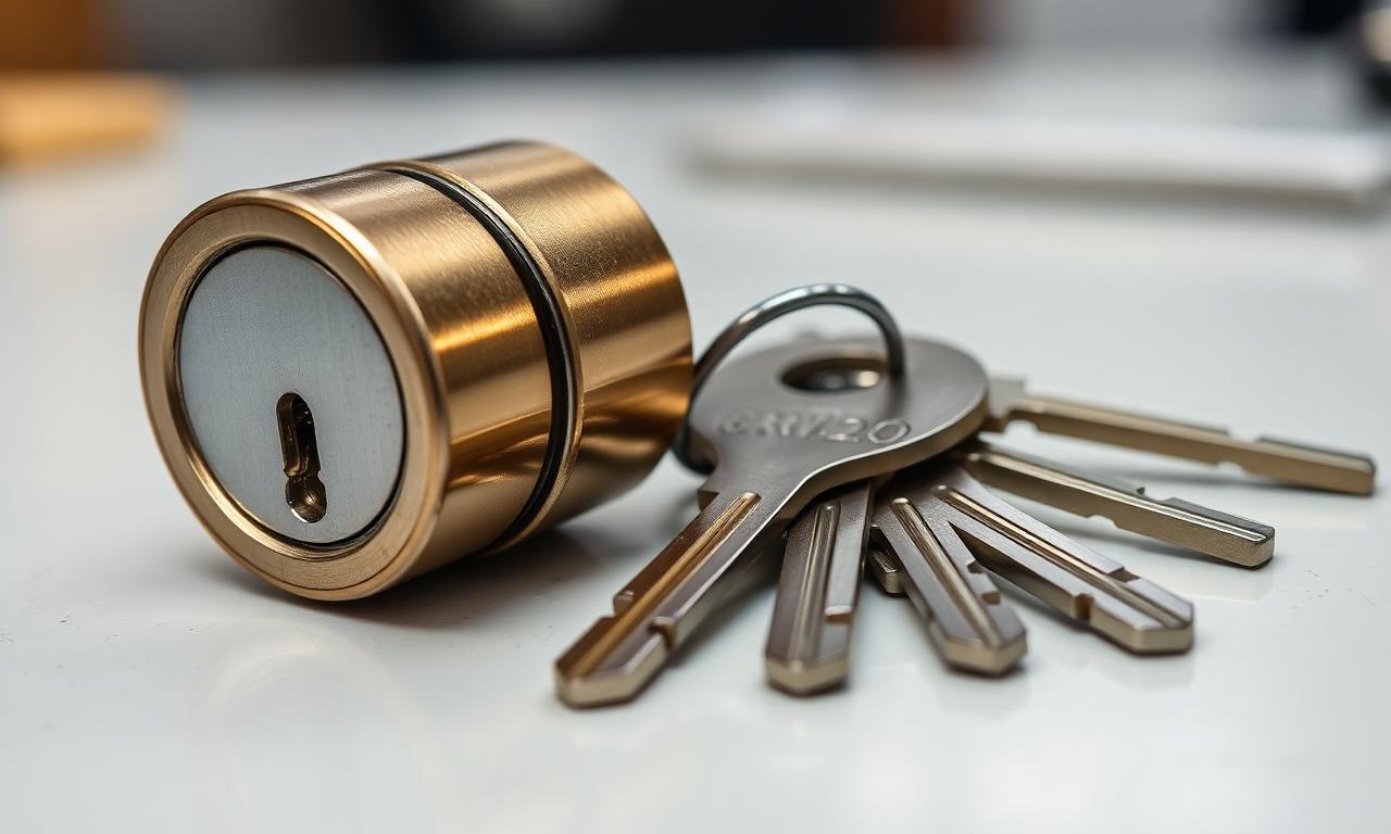 Lock cylinder beside a set of freshly cut keys