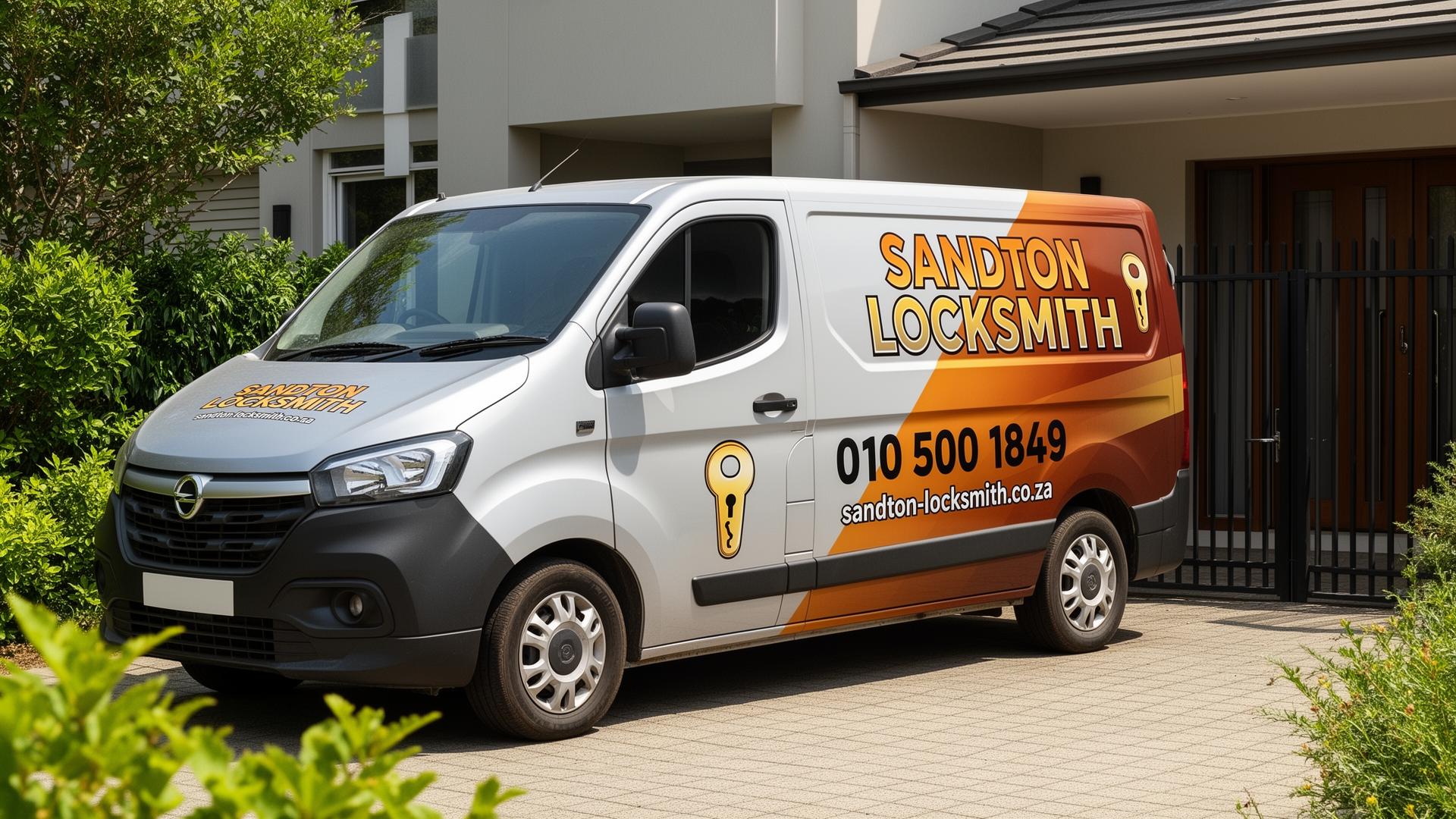 Branded Sandton Locksmith van parked in a residential driveway at a modern home