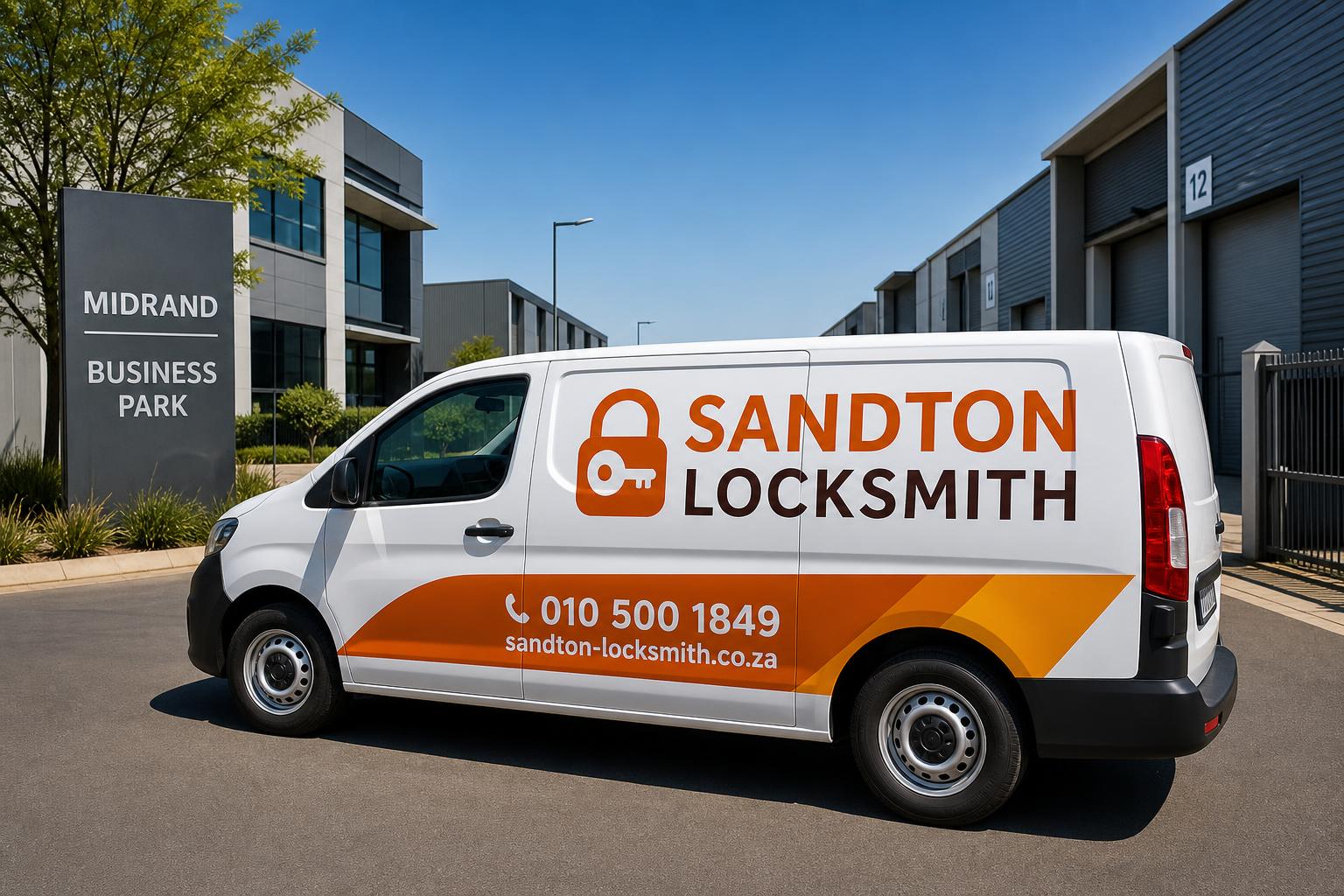 Branded Sandton Locksmith van parked near Midrand commercial offices and warehouses
