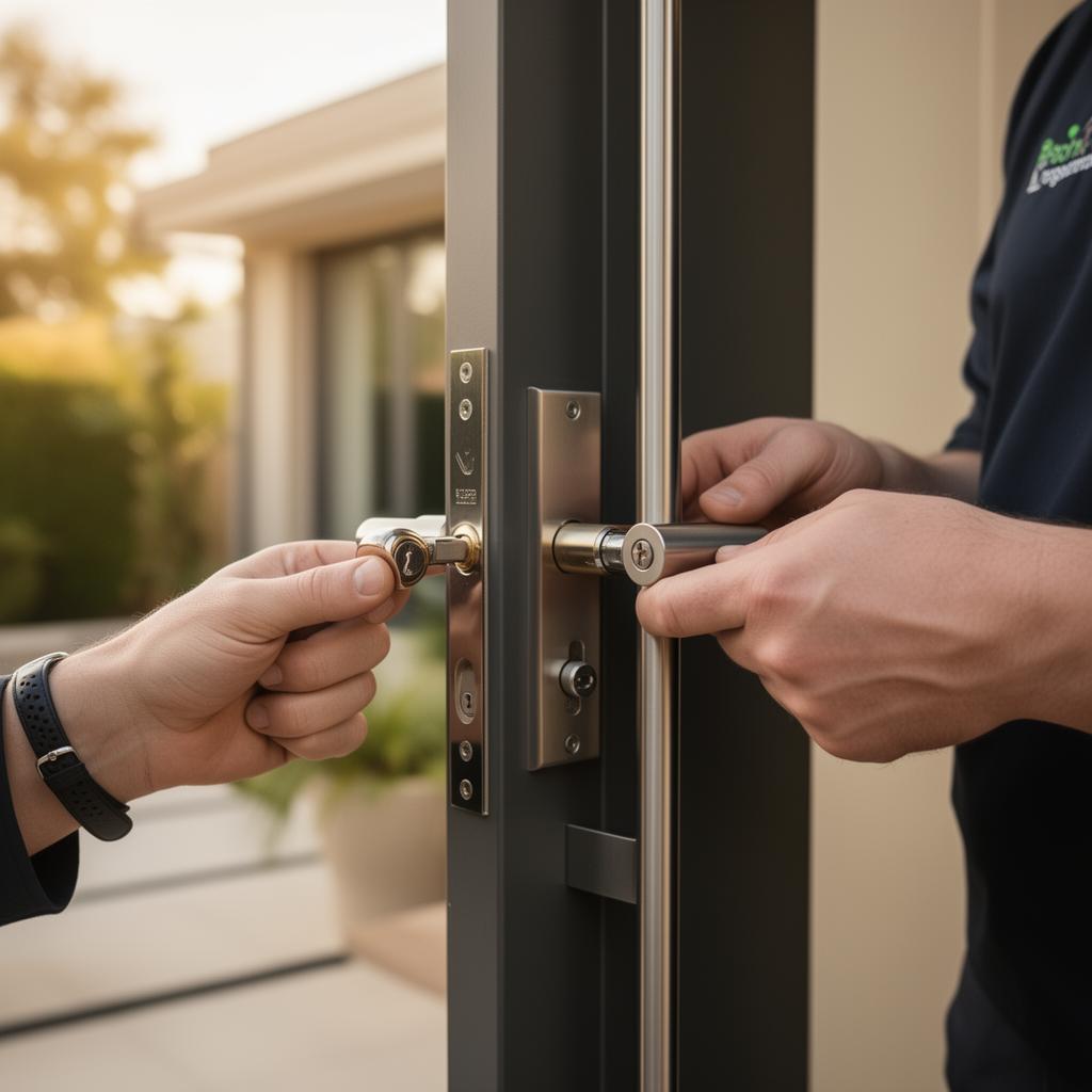 Professional locksmith replacing a modern front door lock on an upmarket Morningside home