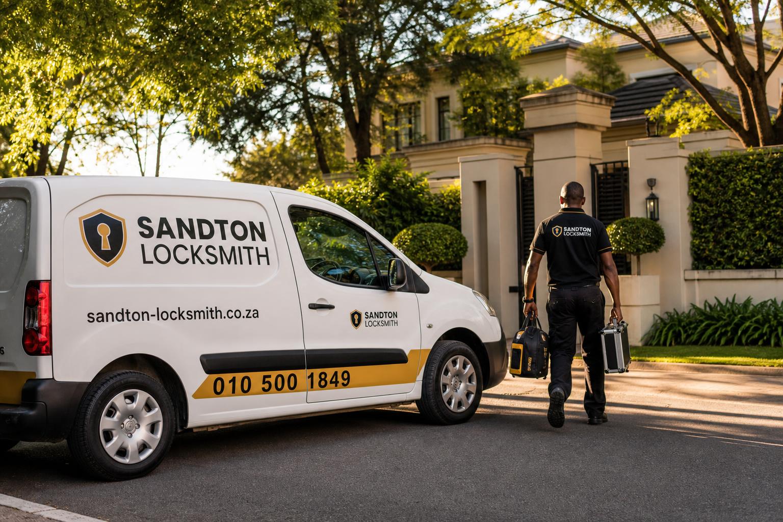 Branded Sandton Locksmith van parked outside a Morningside home with a technician approaching the front entrance