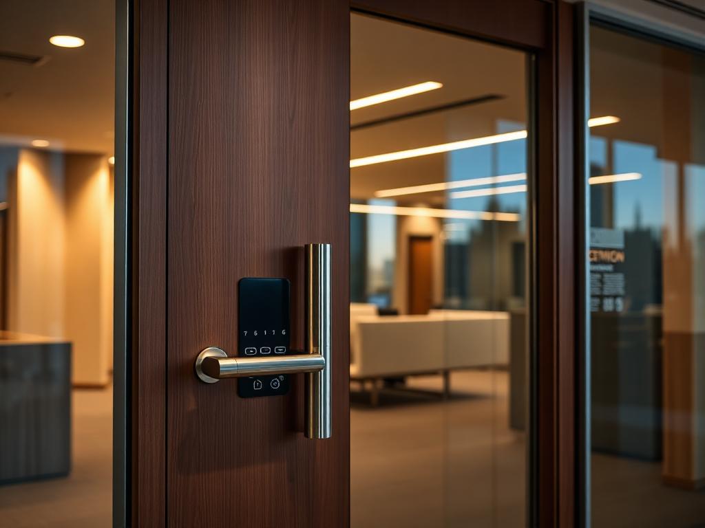 Modern office door with stainless steel handle and electronic strike lock in Centurion