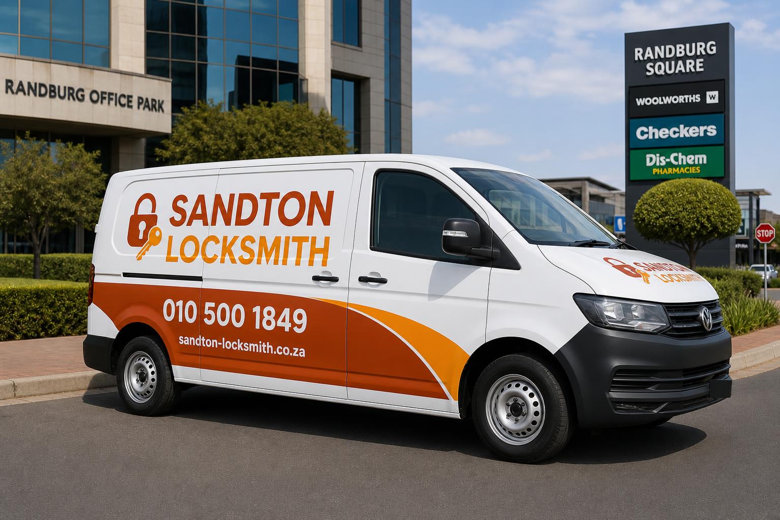 Branded Sandton Locksmith van parked outside Randburg office buildings and retail centre