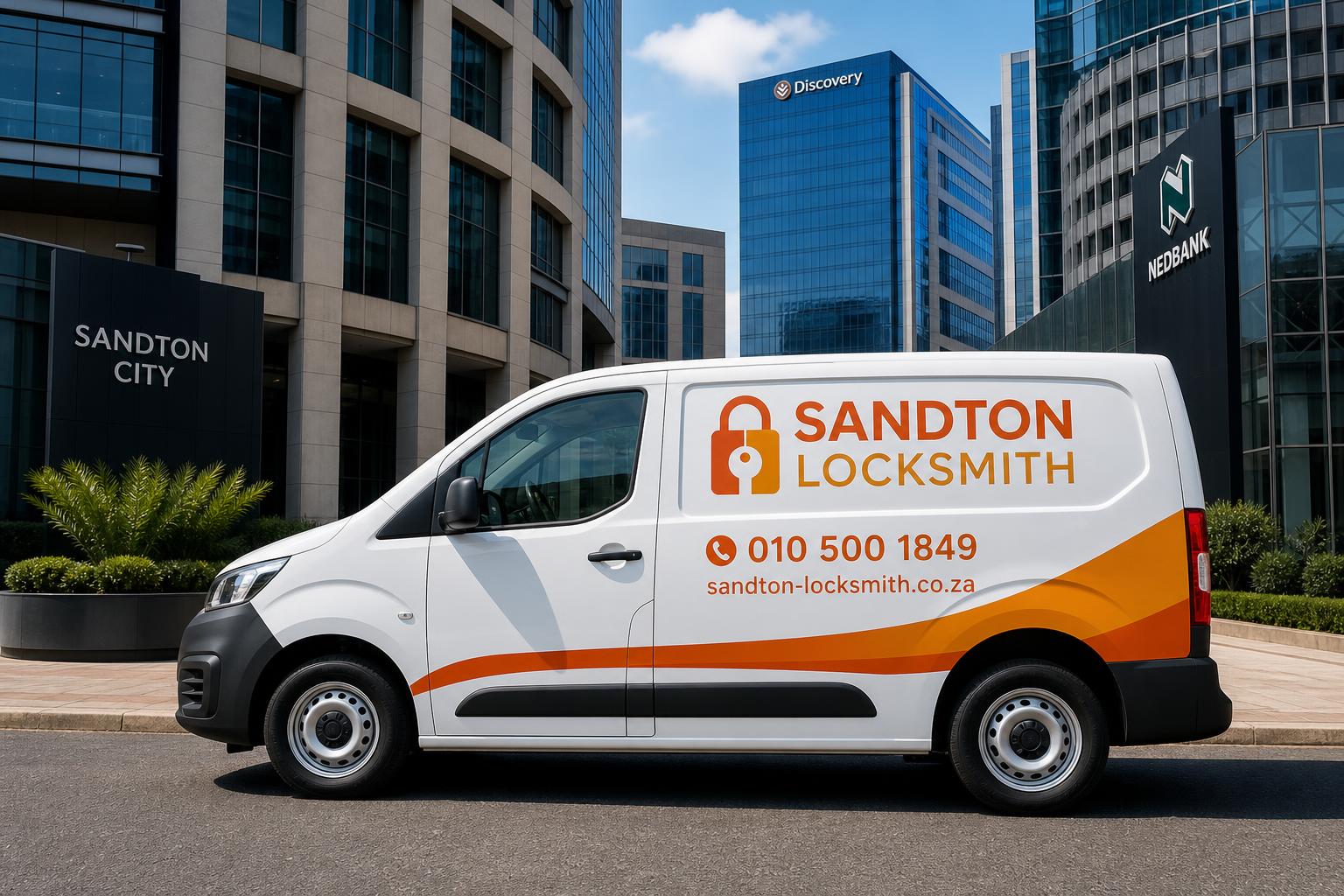 Branded Sandton Locksmith van parked outside modern Sandton office buildings