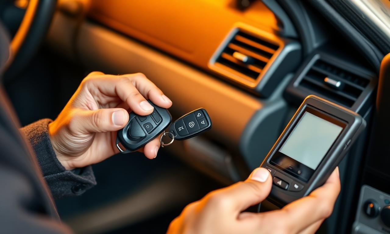 Automotive locksmith programming a transponder car key with a diagnostic device