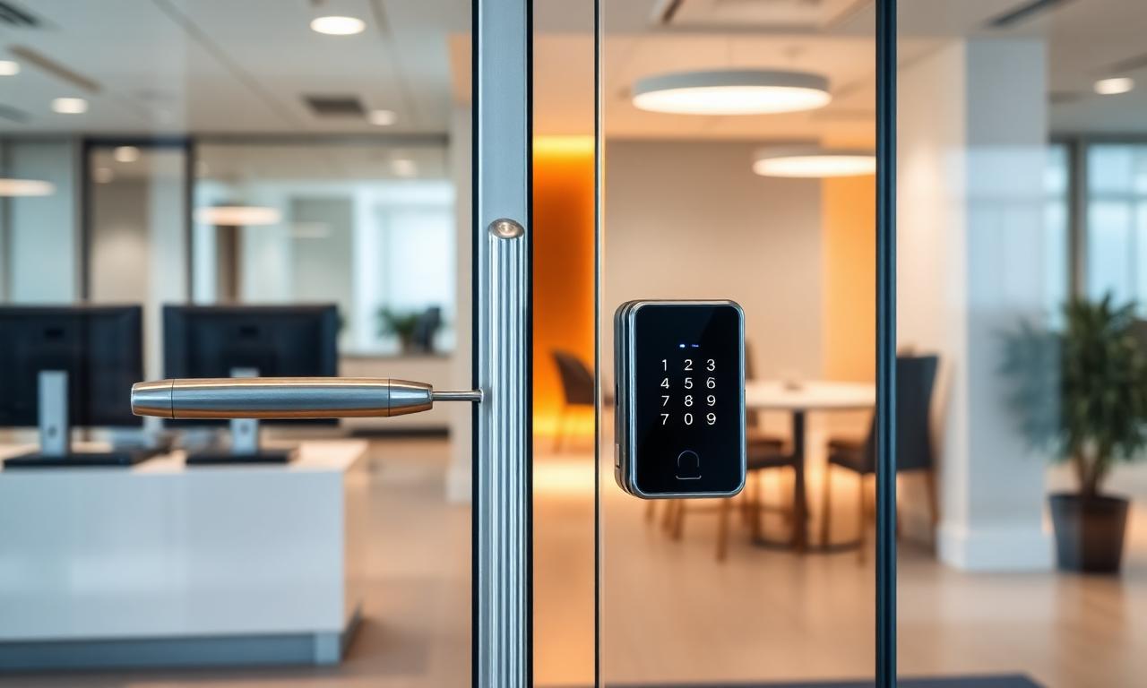 Modern office glass entrance fitted with professional electronic access-control hardware
