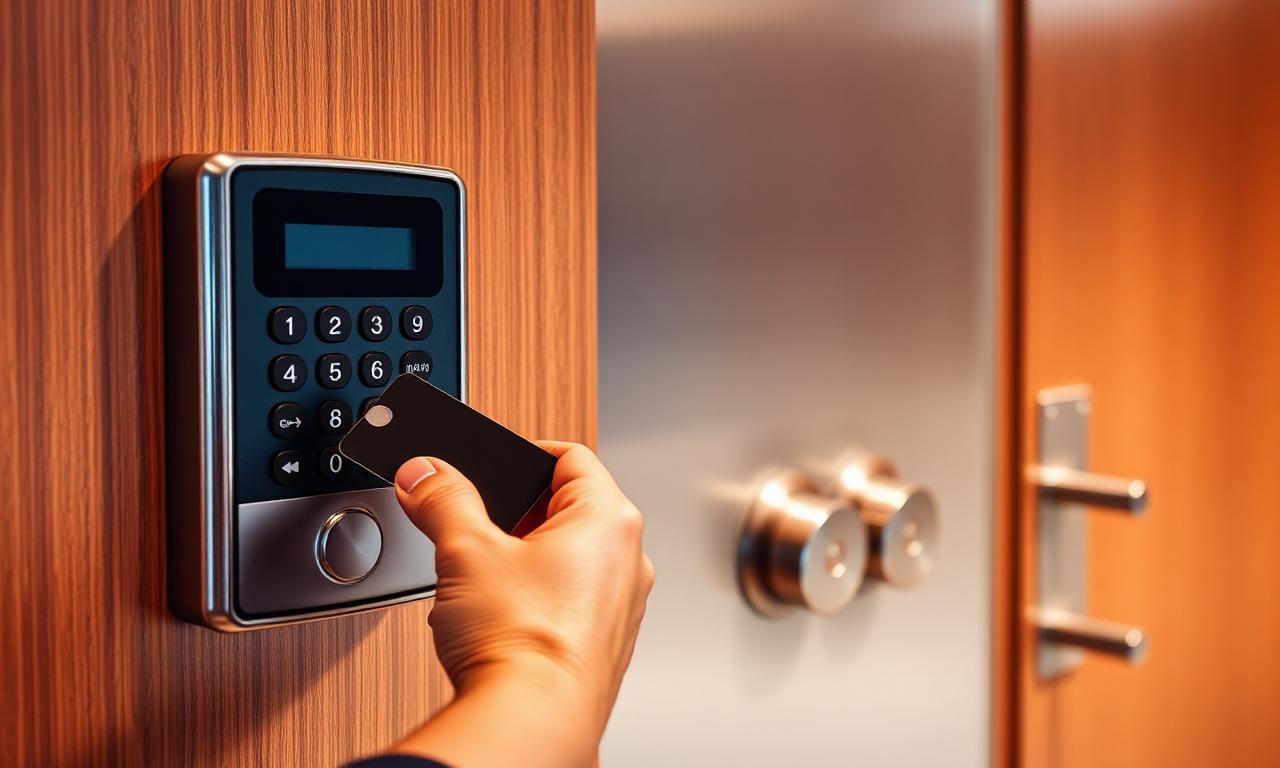 Commercial access-control card reader and keypad beside an office security door