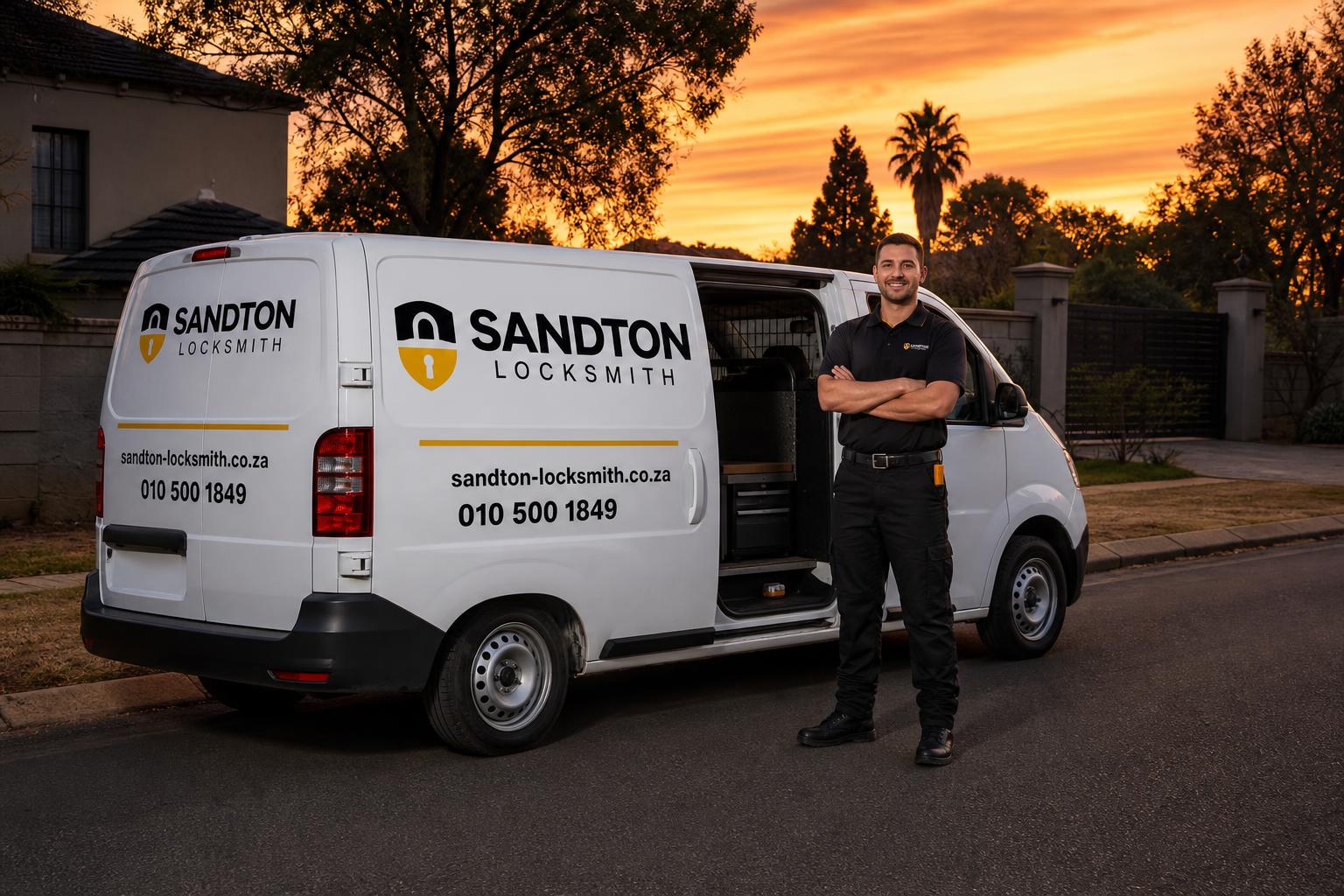 Sandton Locksmith branded emergency response van with a uniformed technician beside it at dusk