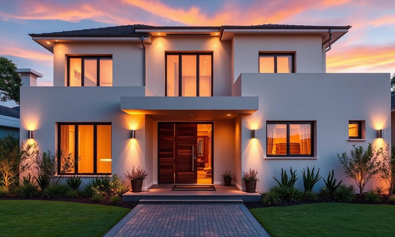 Luxury residential property with a premium secure front entrance at dusk
