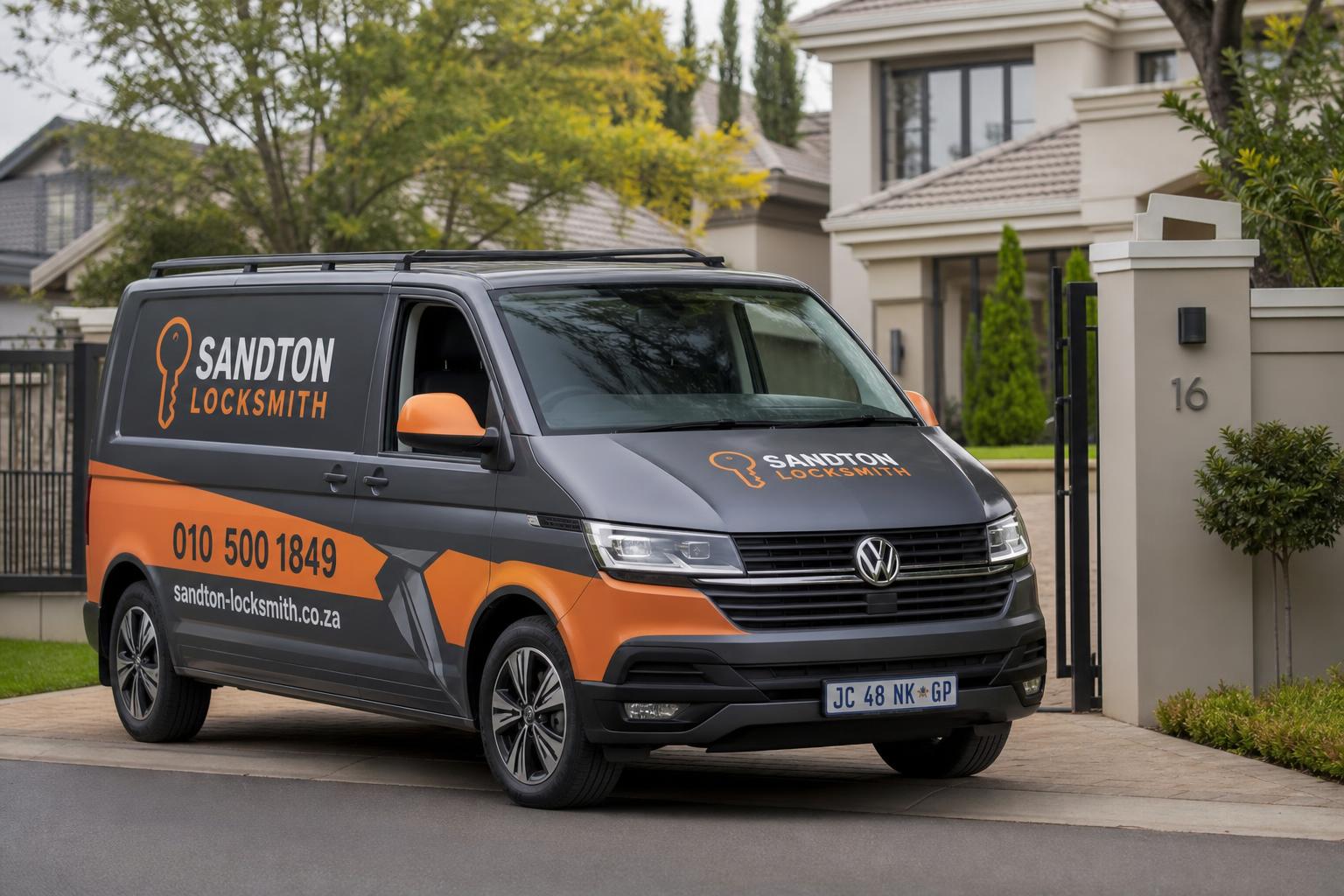 Branded Sandton Locksmith van arriving at a residential property