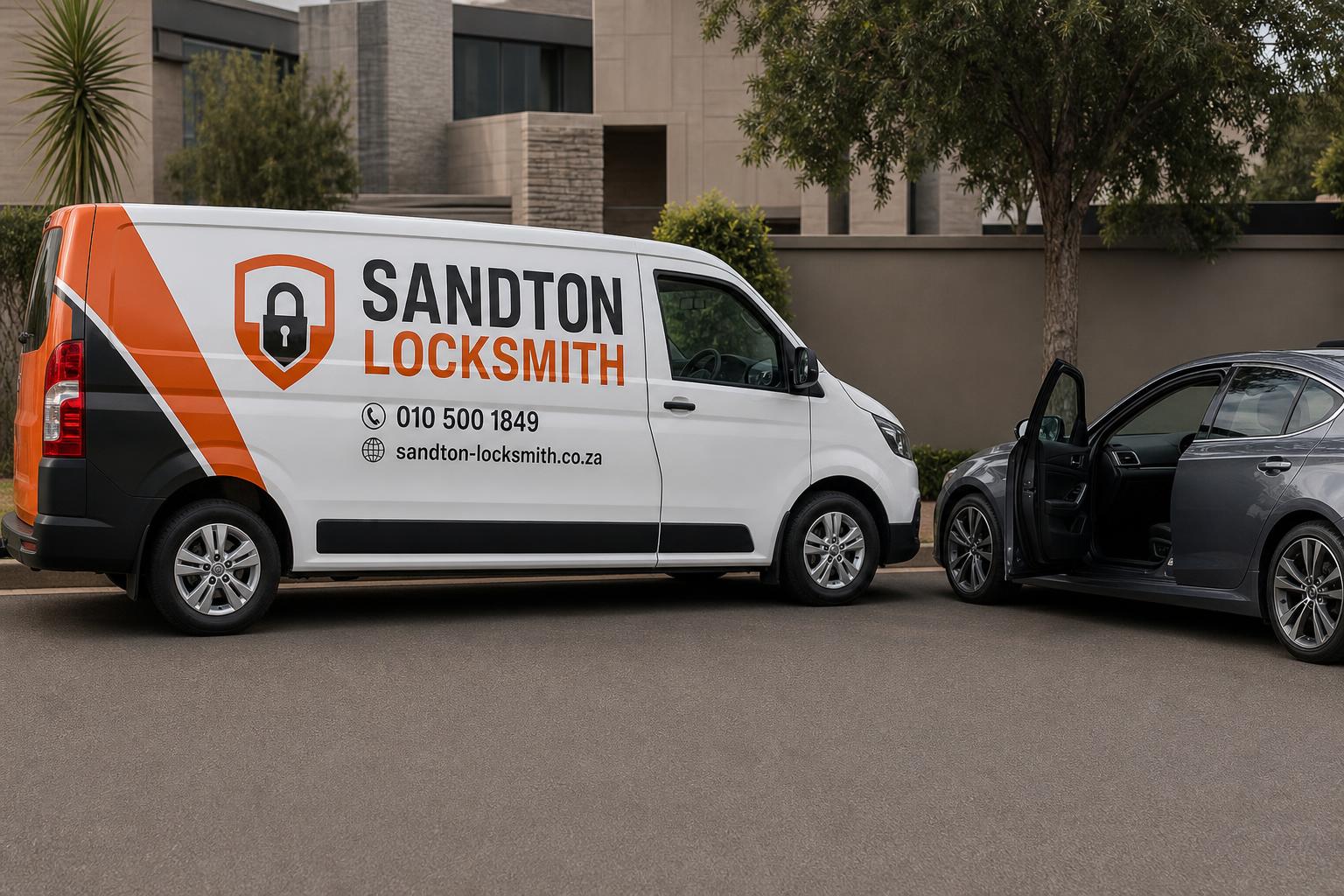 Branded Sandton Locksmith van beside a car with the door open