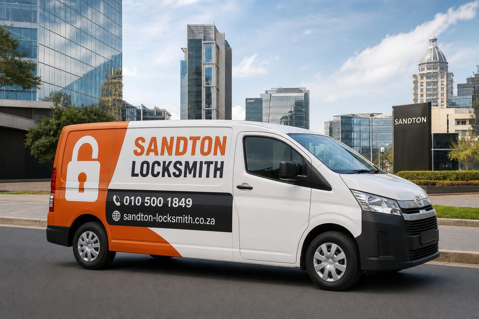 Branded Sandton Locksmith van with the Sandton CBD skyline behind