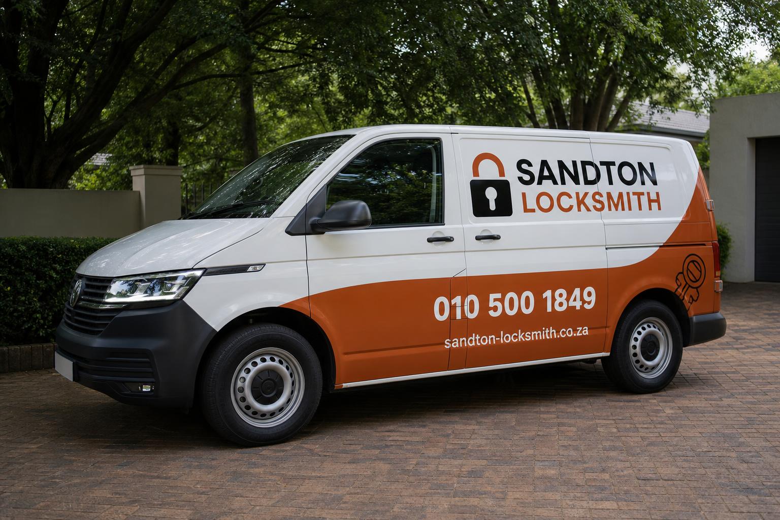 Branded Sandton Locksmith van in a suburban driveway