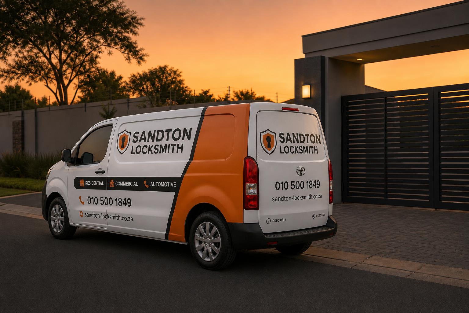 Branded Sandton Locksmith van at a residential gate at dusk