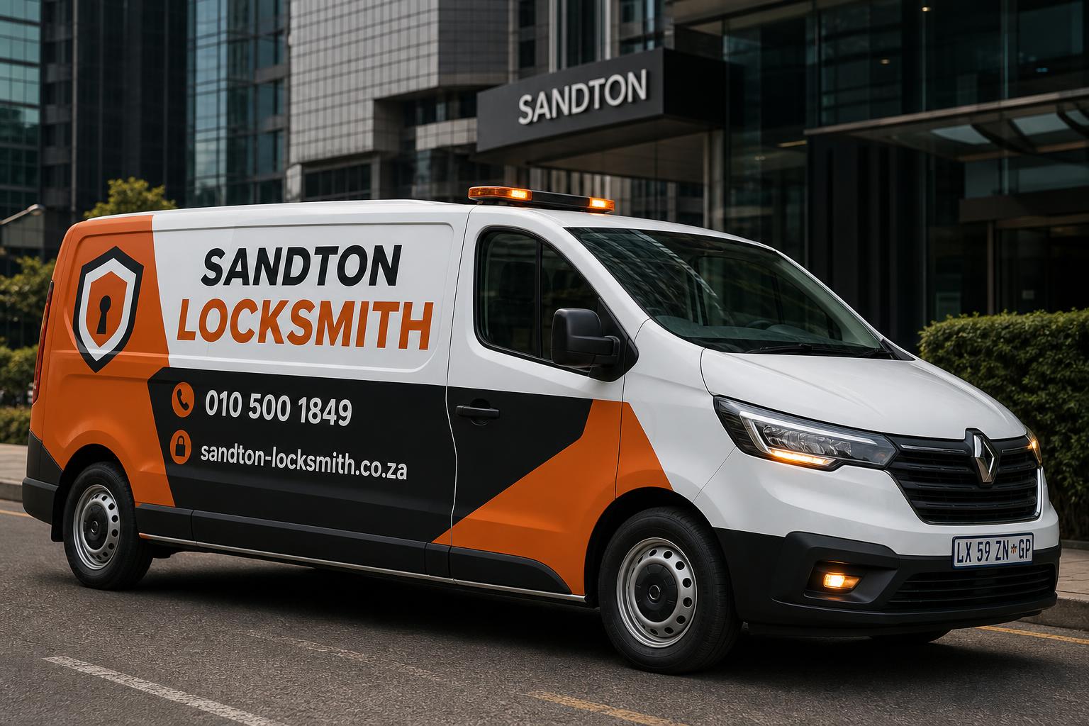 Branded Sandton Locksmith van with hazard lights on a Sandton street