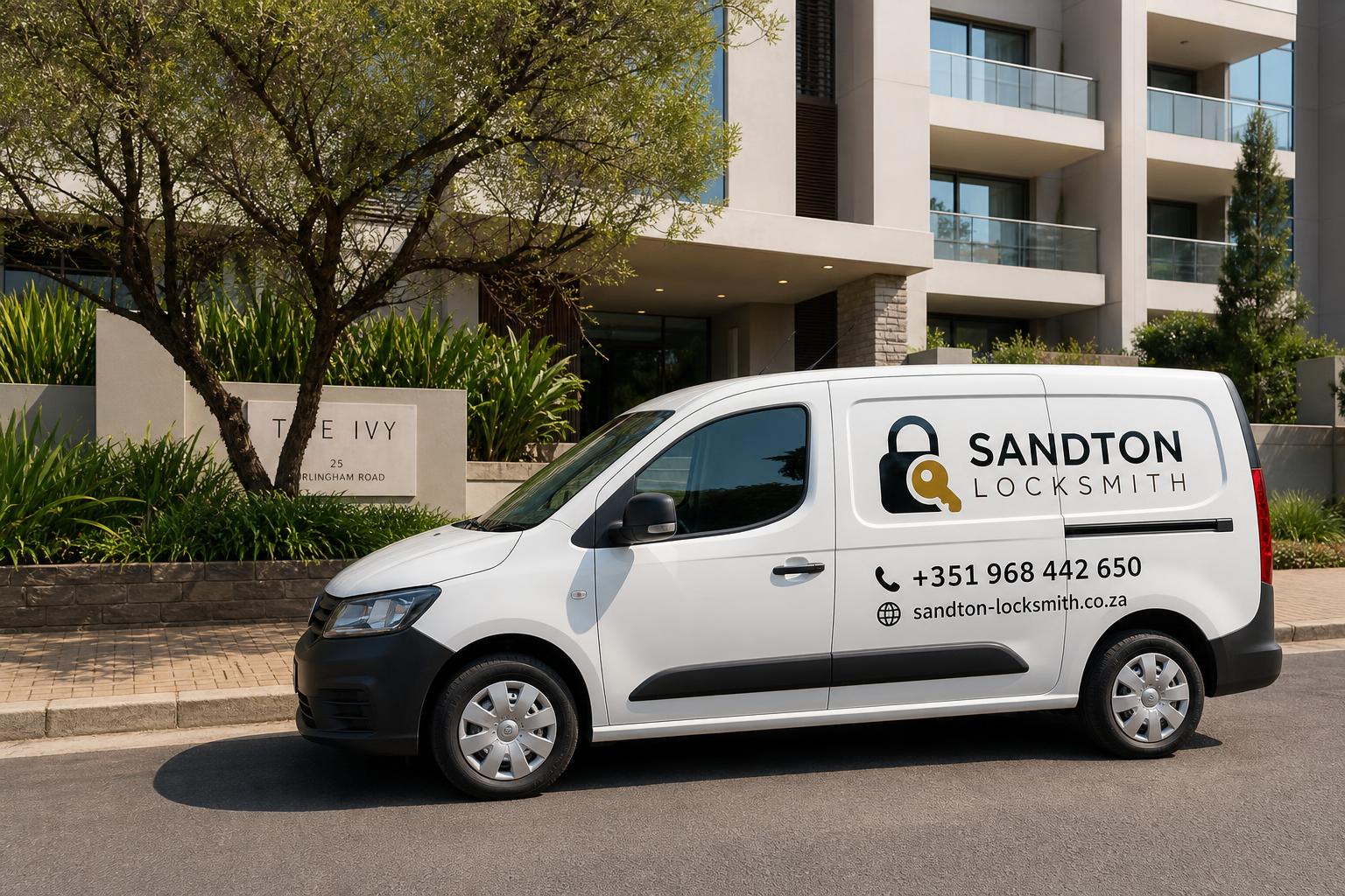 Sandton Locksmith branded van parked outside an Illovo apartment complex in Johannesburg