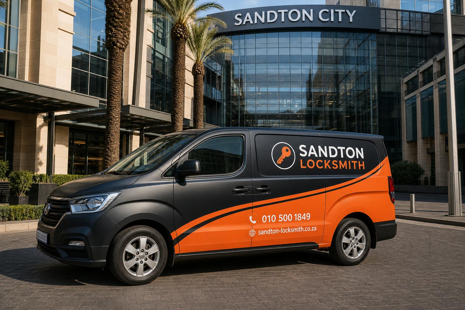 Branded Sandton Locksmith van parked near Sandton City Mall