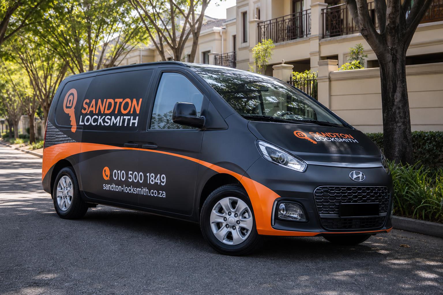 Branded Sandton Locksmith van on a suburban Sandton road