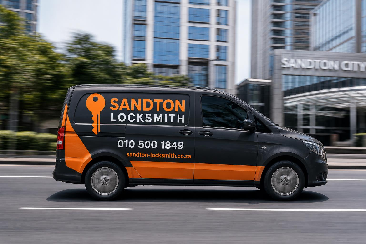 Branded Sandton Locksmith van driving through Sandton