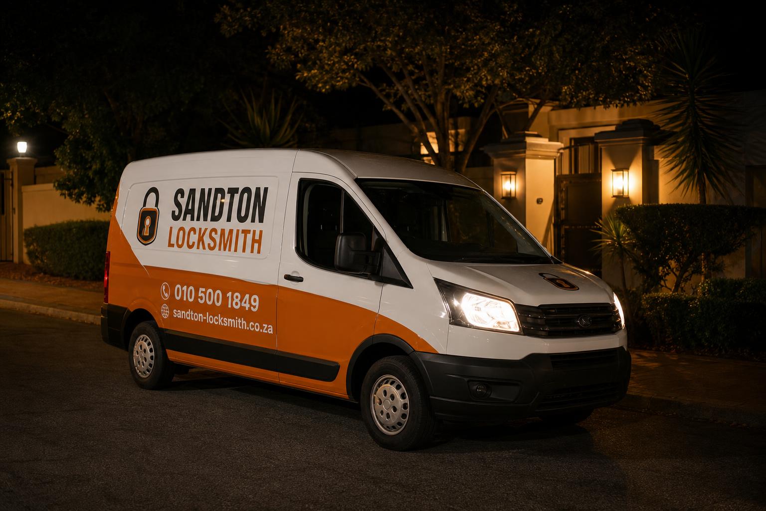 Branded Sandton Locksmith van arriving on a Sandton street at night