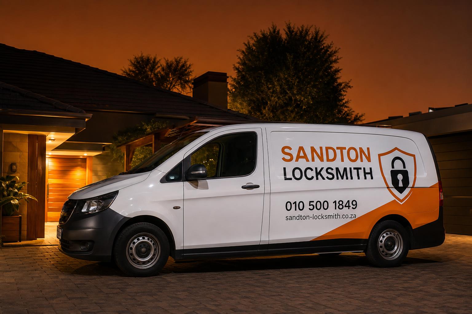 Branded Sandton Locksmith van at night outside a residential property