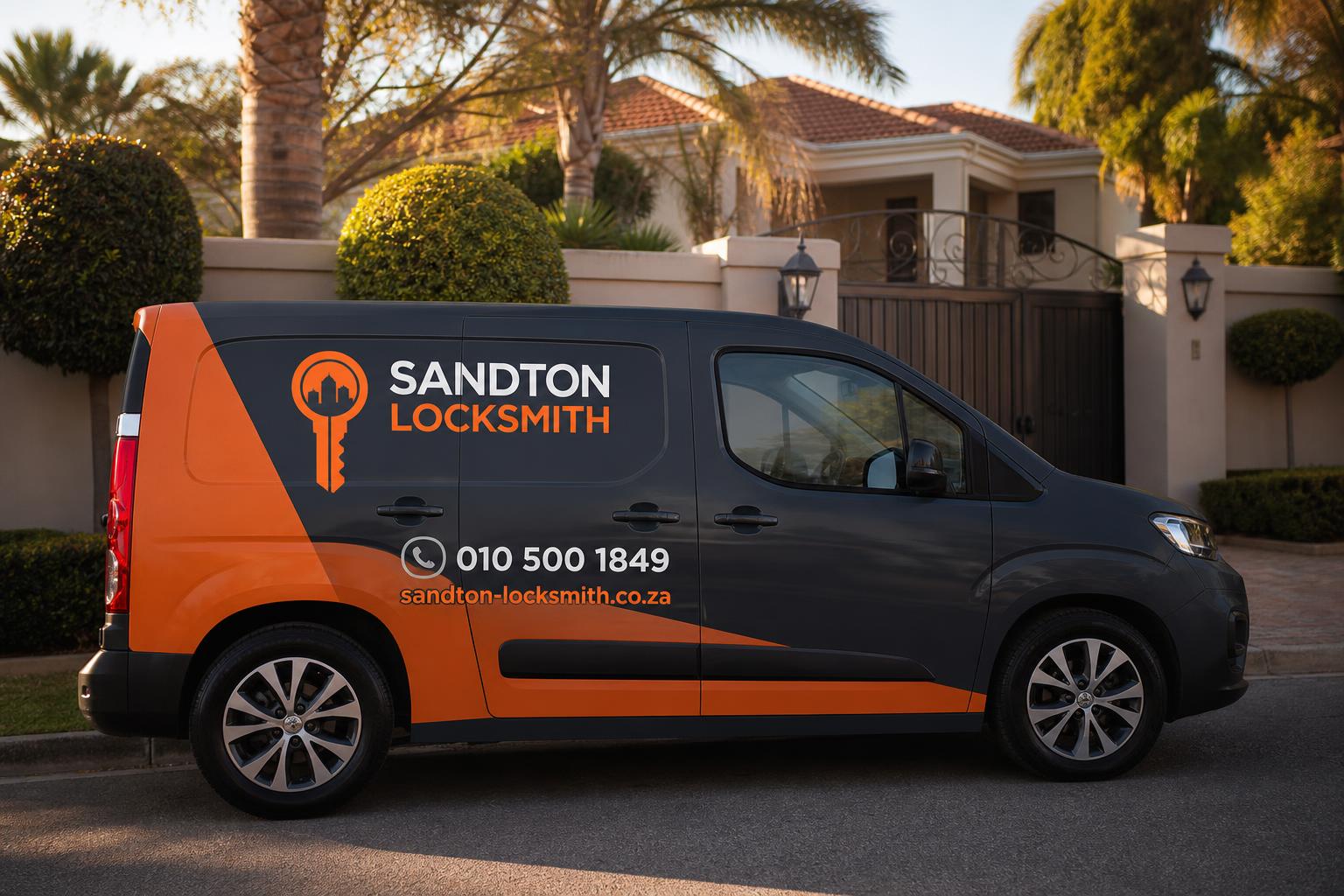 Branded Sandton Locksmith van outside a residential property