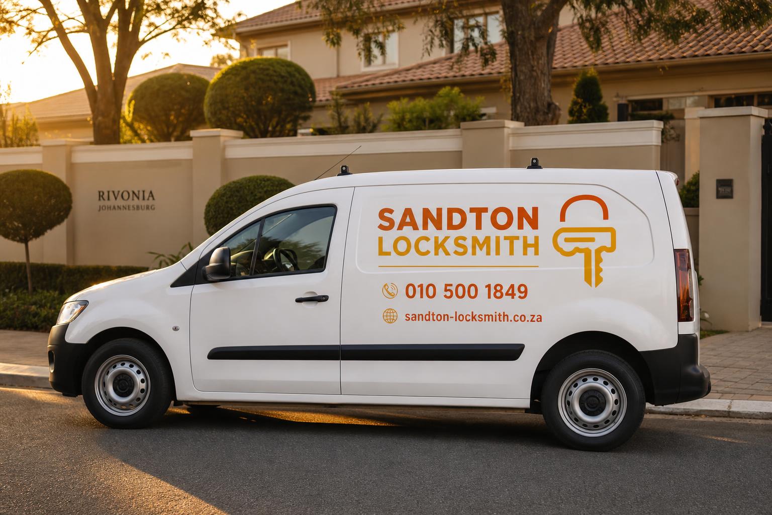 Sandton Locksmith branded van parked outside a residential property in Rivonia, Johannesburg