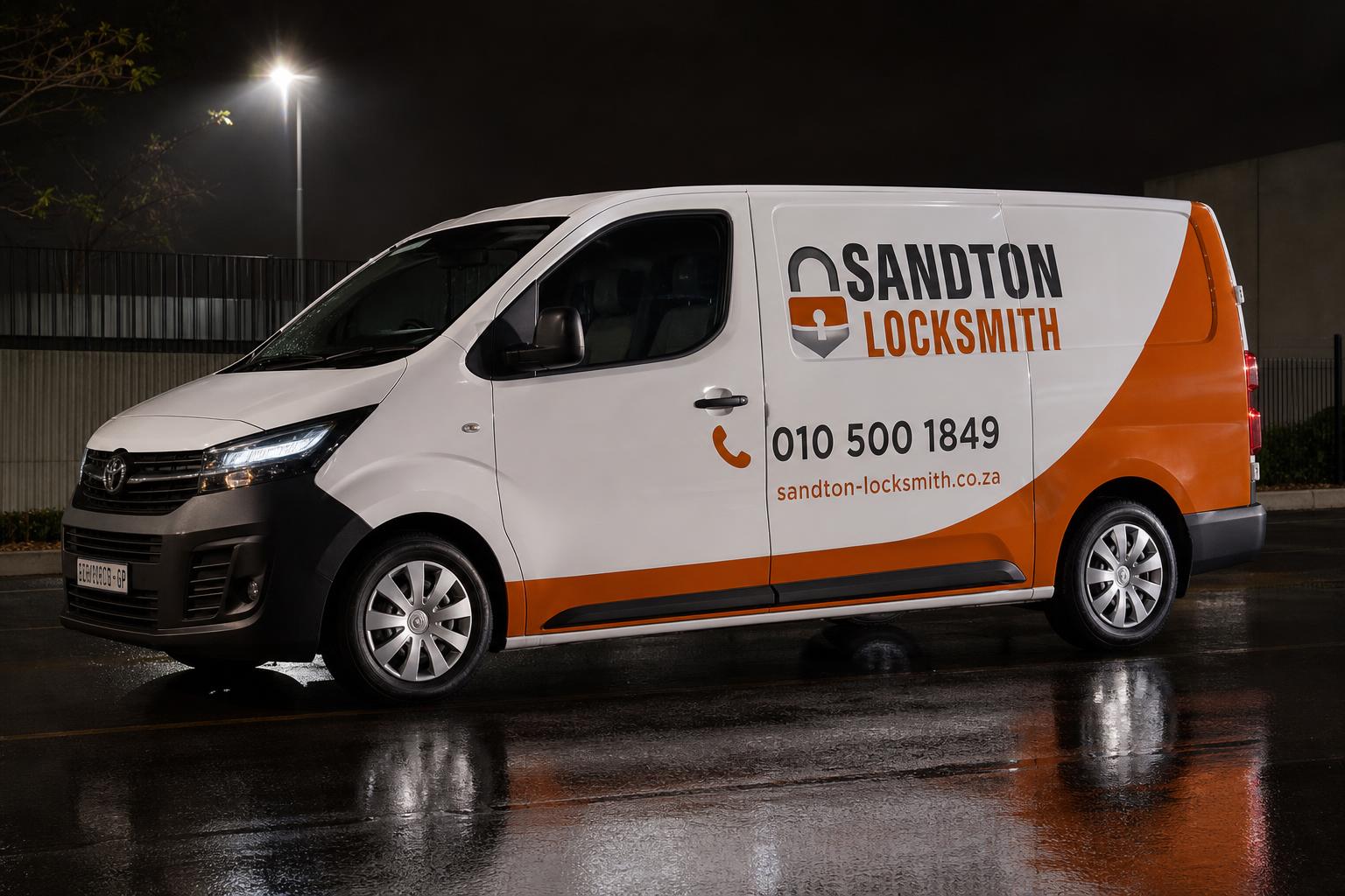 Branded Sandton Locksmith van under street lights at night