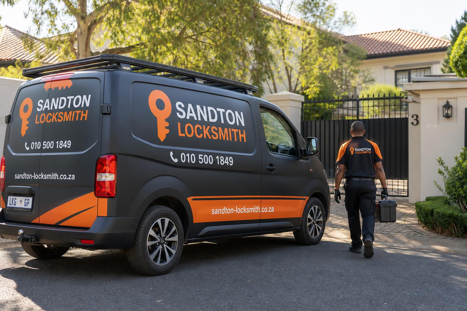 Branded Sandton Locksmith van with a technician walking toward a home
