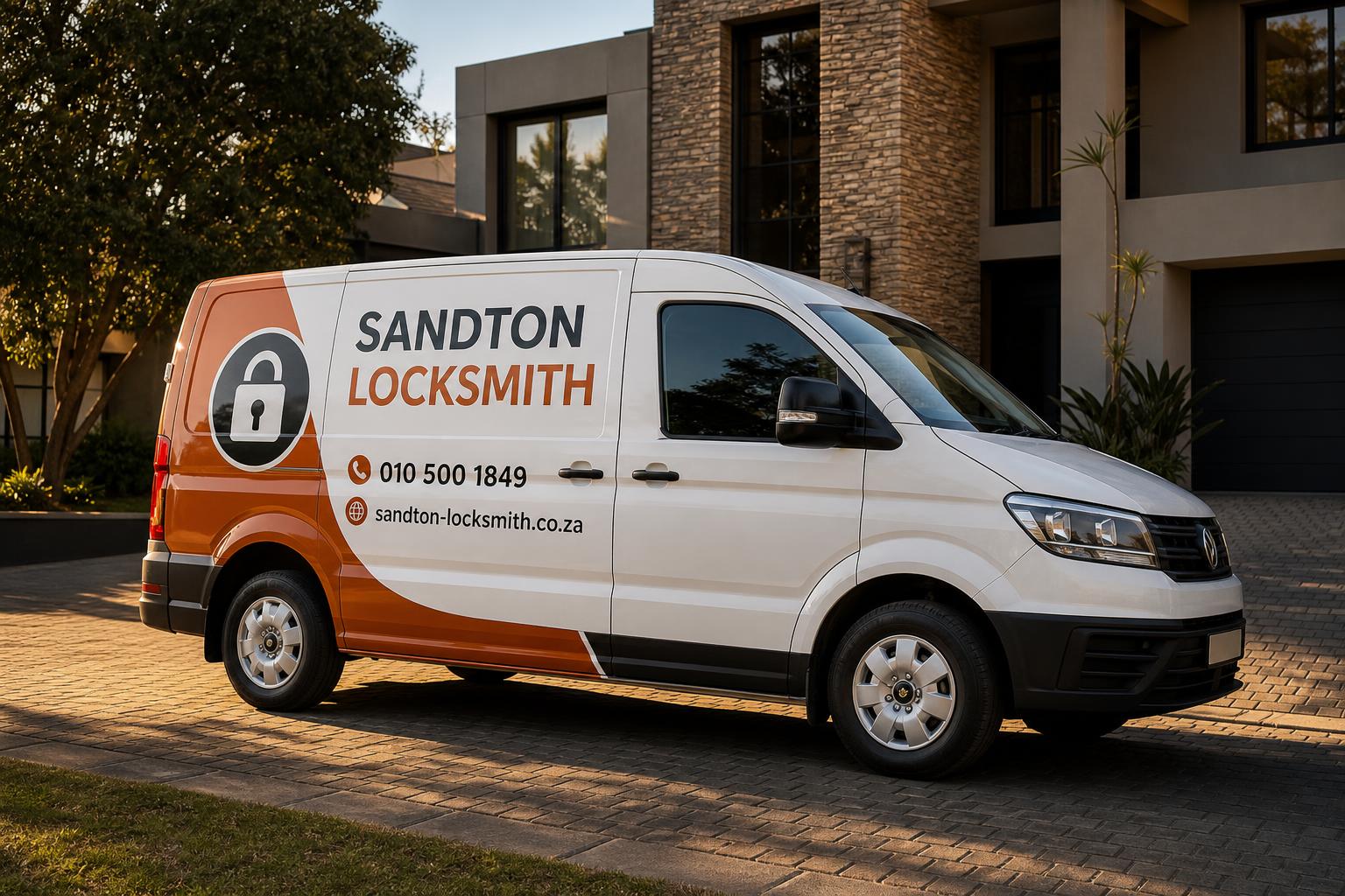 Branded Sandton Locksmith van outside an upscale modern home