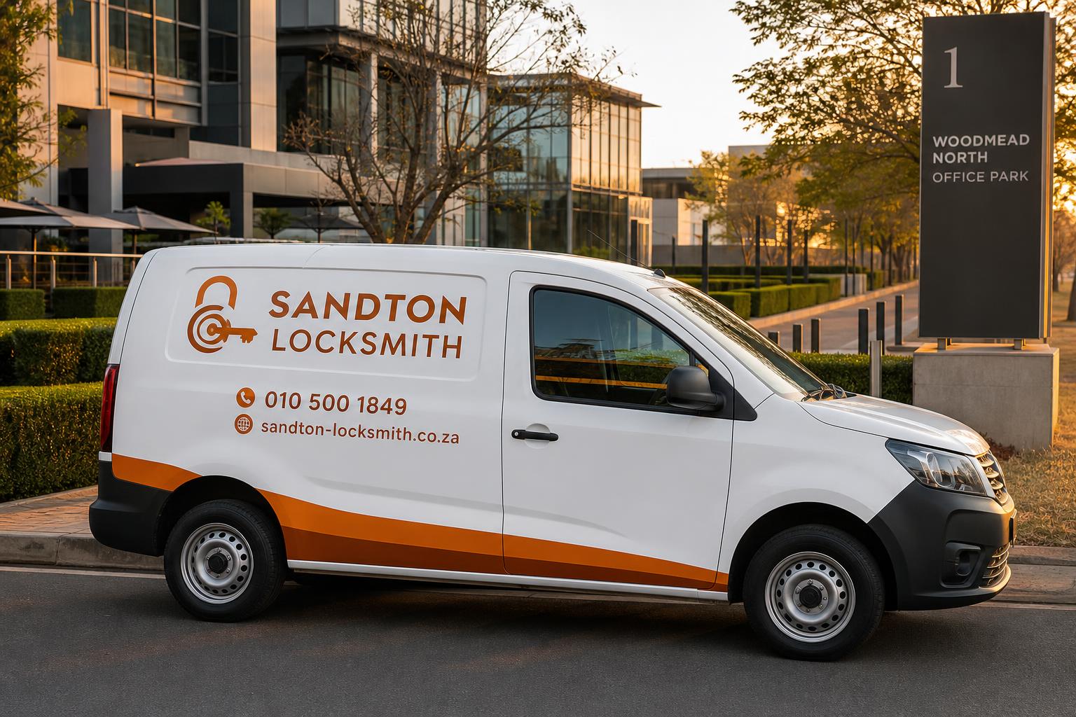 Sandton Locksmith branded van parked outside a Woodmead office park in Johannesburg